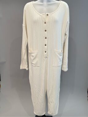 Cream Button-Front Knit Jumpsuit